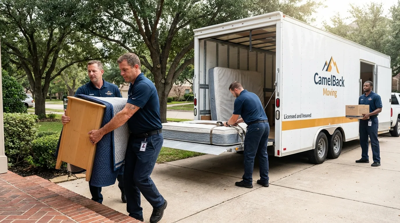 Crew loading residential truck for cross-state move from Harlingen, TX