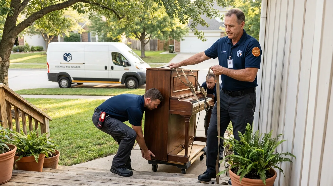 Licensed piano movers securing grand piano in Harlingen, TX