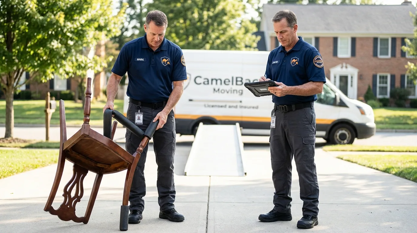 Movers inspecting furniture for damage prevention before loading in Harlingen, TX